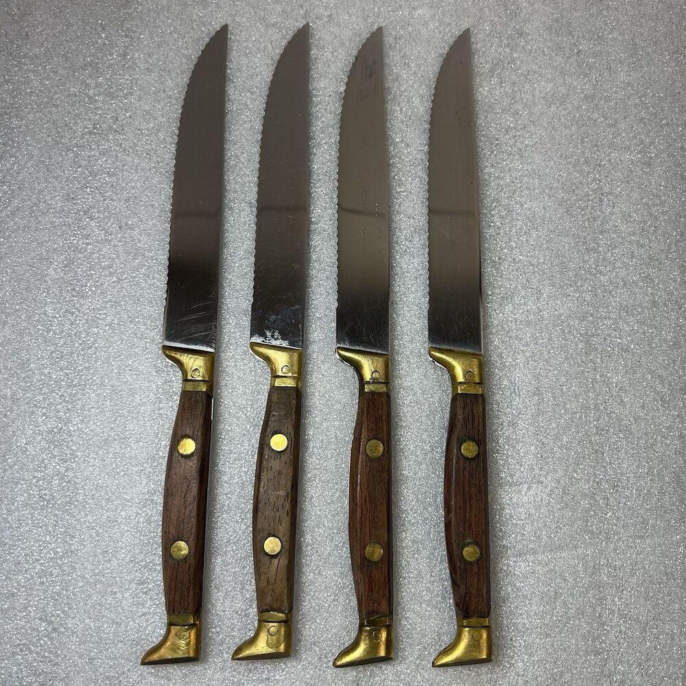 4 VTG ROWOCO Serrated Steak Knives 9”Rosewood Brass Full Tang Boot Handle France